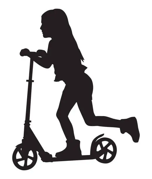 Vector illustration of Young Girl Riding A Scooter Silhouette