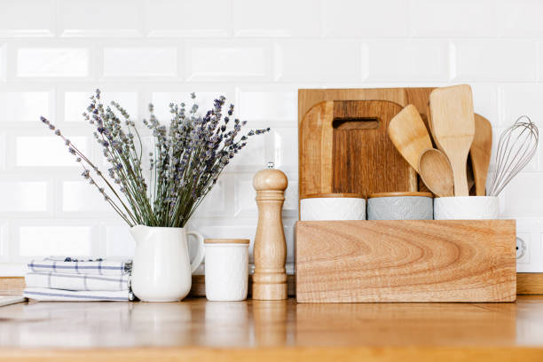istock Kitchen in country style and lavender flowers 1332918007