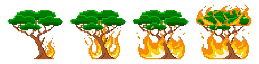 Pixel tree combustion fire stage. Fire is gradually engulfing green large tree. Initial small flame grows into huge vector inferno