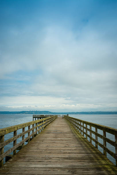 A vertically oriented shot of a wooden dock over the waters of Puget Sound