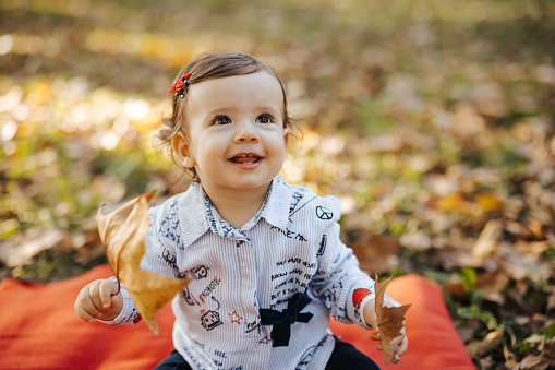 Cute one year old girl is sitting on picnic blanket in autumn park