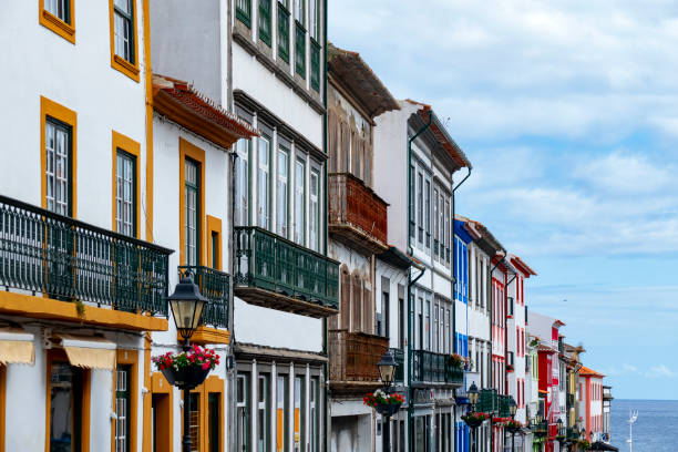 Terceira Island, Azores. Angra of Heroism, "Angra do Heroísmo". Typical houses of Angra do Heroismo, Terceira Island, Azores. White houses with colored bars. terceira azores stock pictures, royalty-free photos & images