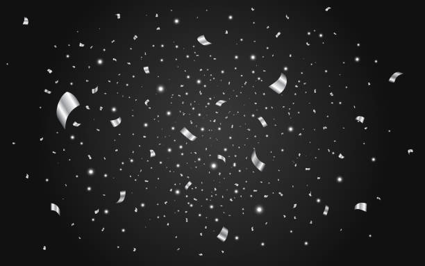 istock Confetti silver on black background. Bright party elements. Christmas serpentine and sparkles. Realistic falling confetti. Anniversary template. Vector illustration 1332925687
