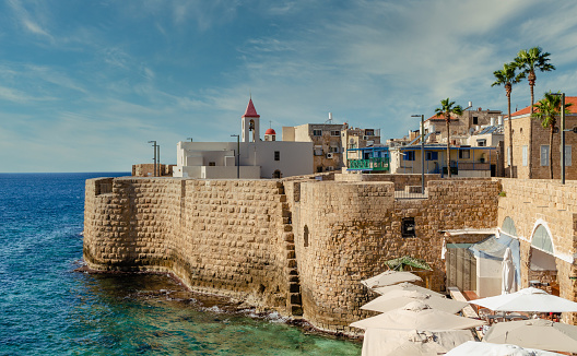 Beautiful views of Acre and the Mediterranean sea during a walk on the waterfront, Israel.