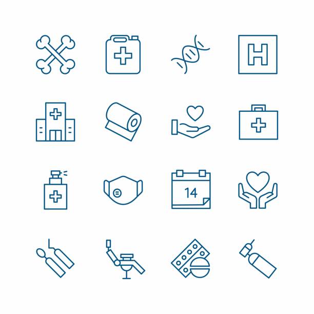 Healthcare Editable Stroke Line Icons. Editable stroke and scalable healthcare vector icons for mobile apps, web pages, infographics and so on. The set includes icons: healthcare, medical technical equipment, medical exam and dental health. dna backbone stock illustrations