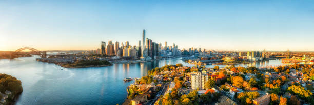 d sydney cbd de balmain rise pan - sydney australia skyline city panoramic - fotografias e filmes do acervo