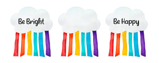Water color painting of cute little clouds with rainbow rain. Blank template and decorated with phrases: Be Bright, Be Happy. Hand drawn watercolour illustration on white background, cutout elements. little rainbow clipart patterns stock illustrations