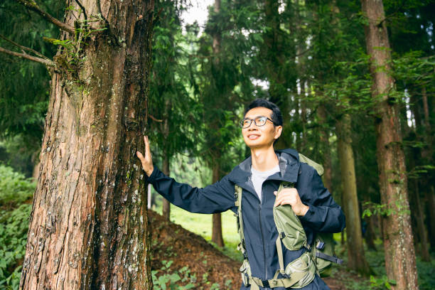 istock Man hiking in wild forest 1332952557