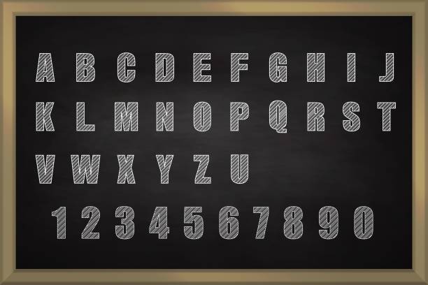 istock Chalkboard blackboard in wooden frame collection, chalk roman alphabet with only caps letters, numbers. Background for school or restaurant design 1332955501