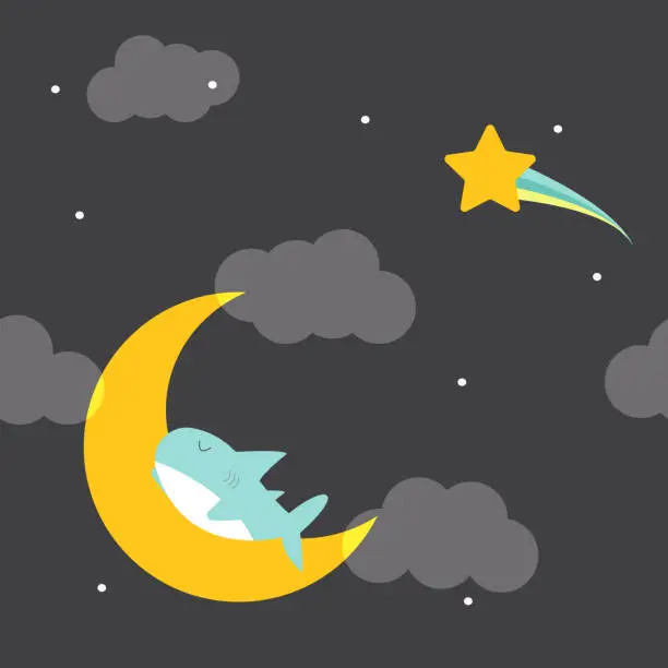 Vector illustration of cute shark is sleeping on the moon fabric seamless cute pattern