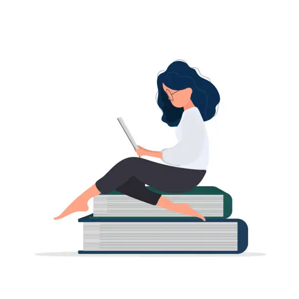 Vector illustration of The girl is sitting on a mountain of books. The woman is reading a book. Isolated. Vector.