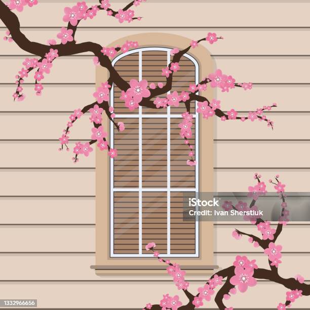 Window Flower Vector Semicircular Window With Flowers In A Flat Style Window With Shutters ...