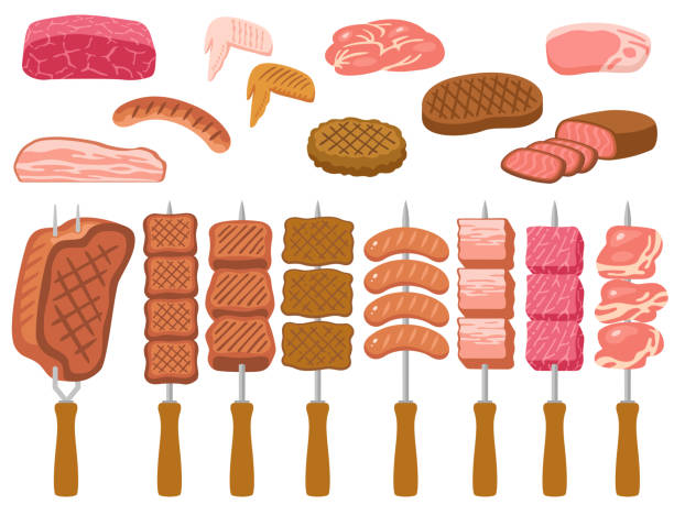 illustrations, cliparts, dessins animés et icônes de un ensemble d’illustrations de diverses viandes pour barbecue - roast beef illustrations