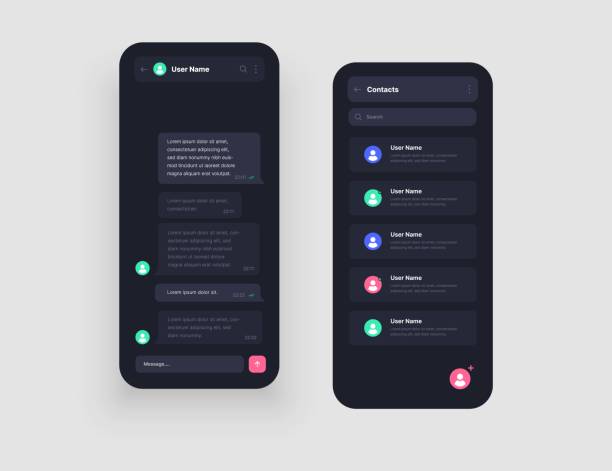 Wireframes screens. Dashboard UI and UX Kit design. Mobile app interface design with chat, social media, online messenger kit. Use design for web application or mobile app. phone text message mockup stock illustrations
