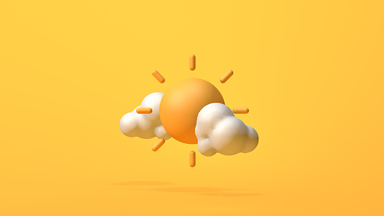 Sun and clouds on yellow background, 3D rendering image