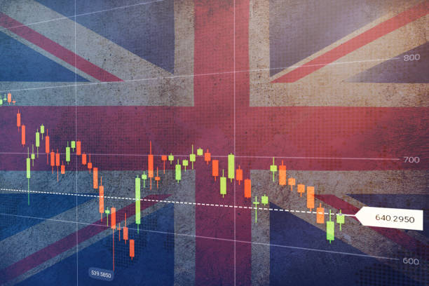 grafico finanziario virtuale sulla bandiera della germania. forex e concetto di investimento - british flag currency banking uk foto e immagini stock