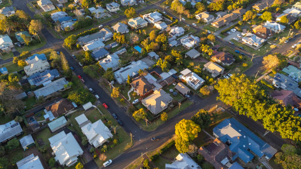 suburban sunset aerial view - nobody aerial view landscape rural scene imagens e fotografias de stock