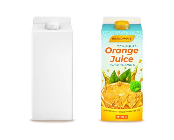 ilustrações, clipart, desenhos animados e ícones de pacote de suco de laranja 3d detalhado realista e conjunto de modelos vazios brancos. vetor - packaging horizontal non alcoholic beverage orange juice