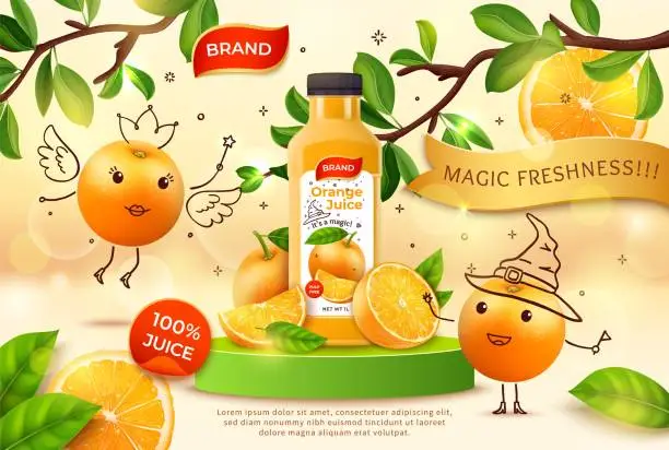 Vector illustration of Realistic Detailed 3d Orange Juice Plastic Bottle Ads Banner Concept Poster Card. Vector