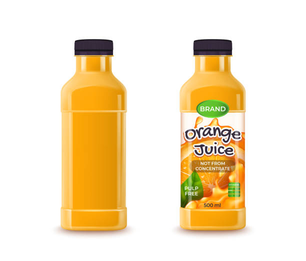 ilustraciones, imágenes clip art, dibujos animados e iconos de stock de realista detallado 3d botella de plástico de jugo de naranja y conjunto de plantillas vacías. vector - zumo de naranja