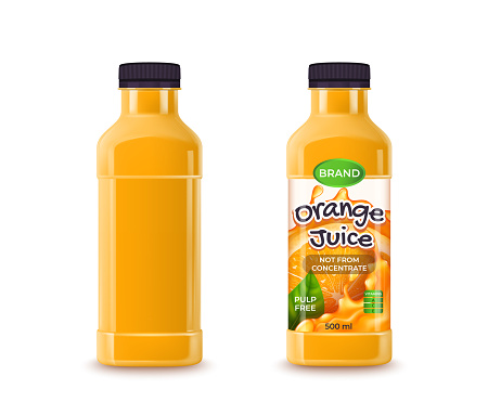 Realistic Detailed 3d Orange Juice Plastic Bottle or Glass and Empty Template Set for Your Brand. Vector illustration