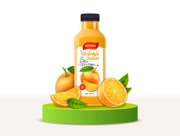 ilustrações, clipart, desenhos animados e ícones de garrafa de plástico de suco de laranja 3d detalhado realista em um pódio de pedestal verde. vetor - packaging horizontal non alcoholic beverage orange juice