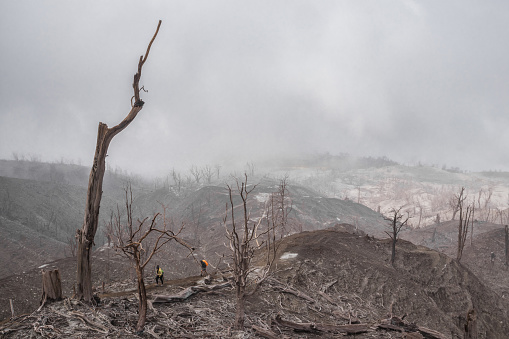 a two young hikers walking through a landscape of a burned forest around the volcanic cone in the danger zone in the Turrialba Volcano National Park in Cartago Costa Rica