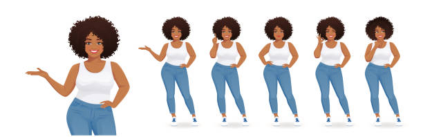 Young big black woman Young happy beautiful black plus size woman wearing jeans in different poses isolated vector illustration cartoon characters with big heads stock illustrations