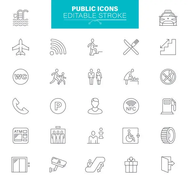 Vector illustration of Public Icons Editable Stroke. Set contains icons as Shopping Mall, Elevator, Bathroom, Toilet, NFC