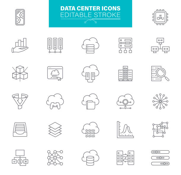 Data Center Icons Editable Stroke. Contaions icons as Server, Hosting, Network, Cloud Computing Data center and hosting icons. Editable Stroke. Data Analytics, VPS, SSD, DNS database stock illustrations