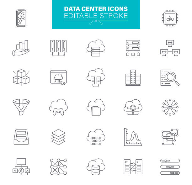 Data Center Icons Editable Stroke. Contaions icons as Server, Hosting, Network, Cloud Computing Data center and hosting icons. Editable Stroke. Data Analytics, VPS, SSD, DNS fileserver stock illustrations