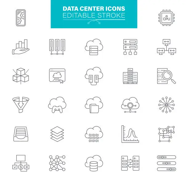 Vector illustration of Data Center Icons Editable Stroke. Contaions icons as Server, Hosting, Network, Cloud Computing