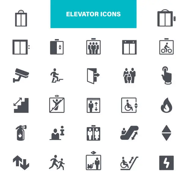 Vector illustration of Elevator Icons. Contains such icons as Social Distancing, Public, Shopping Mall