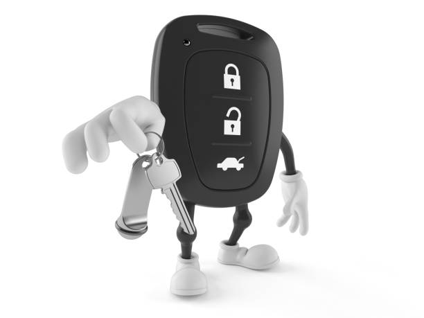 istock Car remote key character holding hotel door key 1332977384
