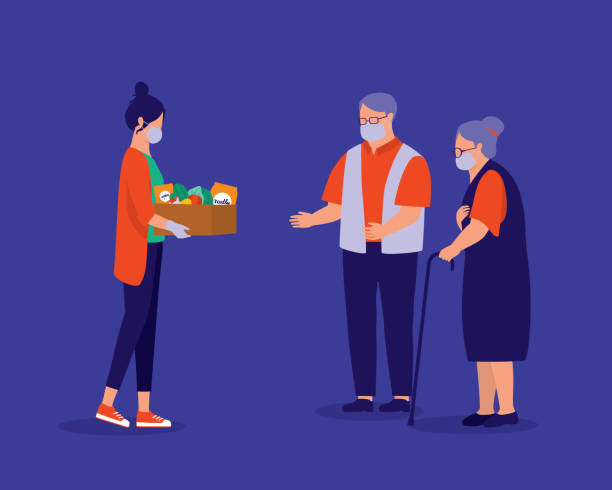 Grandchild Delivering Groceries To Grandparent During COVID-19 Pandemic. Love And Care For The Elderly. Senior Couple With Protective Face Mask Picking Up The Groceries Box From Their Granddaughter During COVID-19 Pandemic. Full Length, Isolated On Blue Background. Vector, Illustration, Flat Design, Character. community outreach illustrations stock illustrations