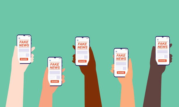 Group Of Diverse Hands Holding Smartphone With Fake News Online. Disinformation, Lies And, Propaganda. Group Of Multi-Ethnic People Reading Fake News Online. Close-Up, Isolated On Green Background. Vector, Illustration, Flat Design, Character. fake news stock illustrations