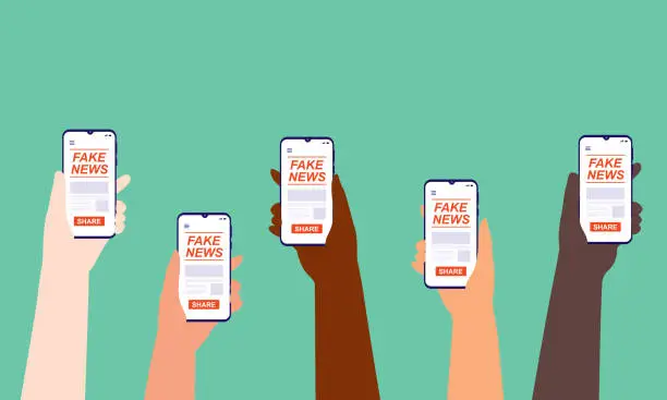 Vector illustration of Group Of Diverse Hands Holding Smartphone With Fake News Online. Disinformation, Lies And, Propaganda.