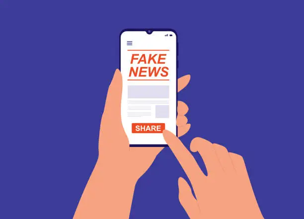 Vector illustration of Hand Holding Smartphone Sharing Fake News Online. Disinformation, Lies And Propaganda.