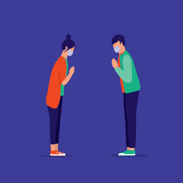 ilustraciones, imágenes clip art, dibujos animados e iconos de stock de dos personas saludando con palmas en lugar de estrechar la mano para evitar la propagación del covid-19. alternativas de apretón de manos. saludo de distanciamiento social. "namaste' hand gesture. - añjali mudrā saludo