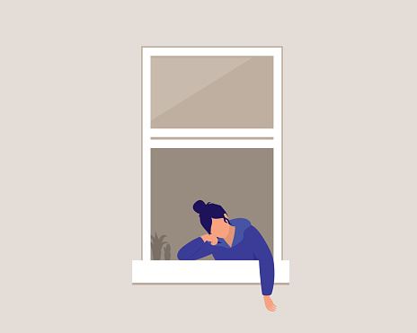 Young Sad Woman At Window Feeling Bored At Home During COVID-19 Lockdown. Vector, Illustration, Flat Design, Character.