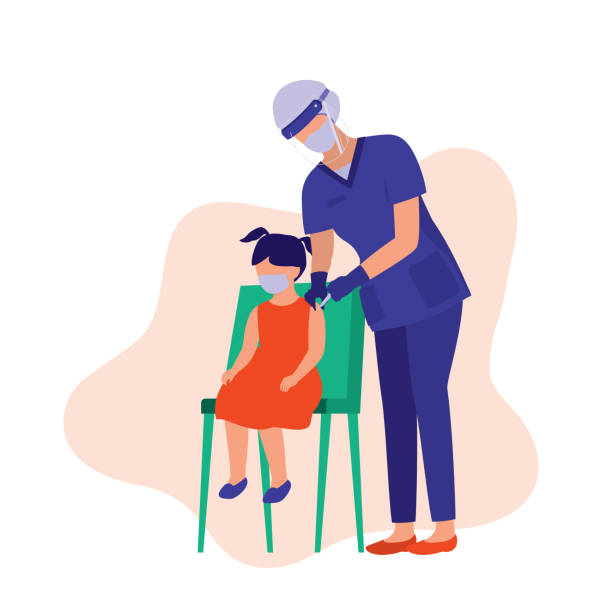 Girl With Face Mask Receiving Covid-19 Vaccine In Her Upper Arm. COVID-19 Vaccination. Nurse In Protective Face Shield And Face Mask Injecting Vaccine Into The Patient. Full Length, Isolated On Abstract Background. Vector, Illustration, Flat Design, Character. nurse face shield stock illustrations