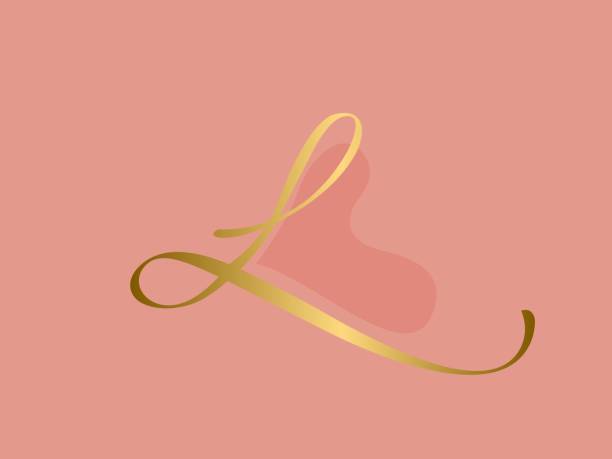 Letter L logo. Alphabet initial. Love symbol. Decorative heart shape. Uppercase lettering sign isolated on light pink background. Beauty, elegant, wedding, romantic, gift boutique style. Shiny gold color calligraphy character. script letter l stock illustrations