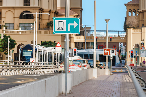 21 February 2021, Dubai, UAE: The tram line runs along the perimeter of the Dubai Marina Bay and is a popular public transport route