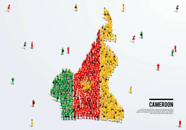 Vector illustration of Cameroon Map and Flag. A large group of people in the Cameroon flag color form to create the map. Vector Illustration.