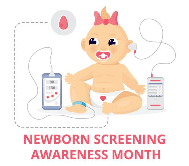 Newborn screening awareness month concept vector. Heel stick and blood drop test Newborn screening awareness month concept vector. Heel stick and blood drop test, hearing screen, and pulse oximetry are shown for baby. Medical event is celebrated in September. baby heart rate stock illustrations