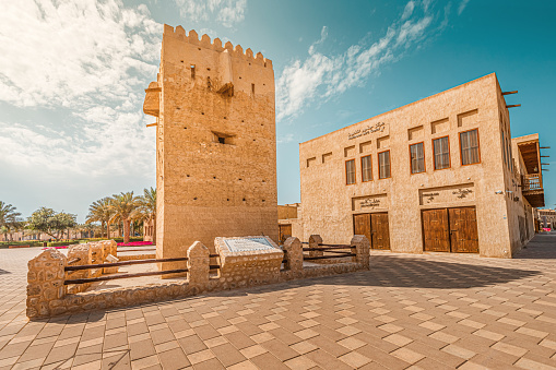 23 February 2021, Dubai, UAE: Al Shandagah or Shindagha watchtower is a famous historic monument and ruins of an old fortress restored by Arab Emirates
