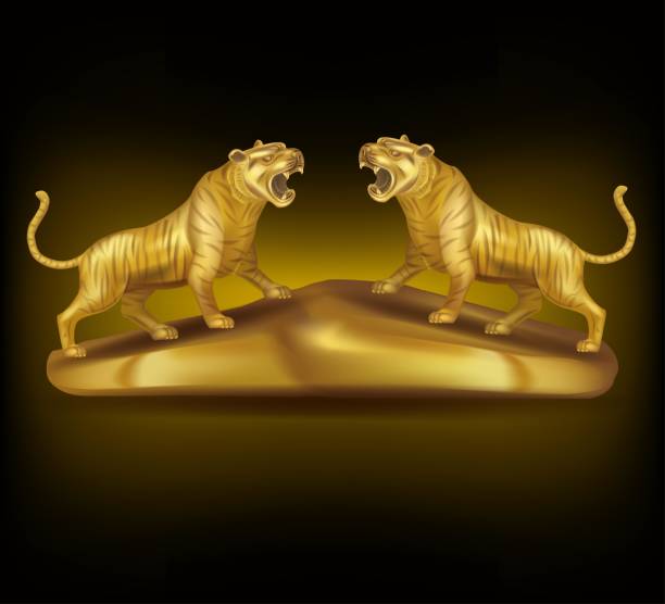 검은 색 배경에 두 개의 황금 호랑이. 일러스트 벡터 - crown gold coat of arms king stock illustrations