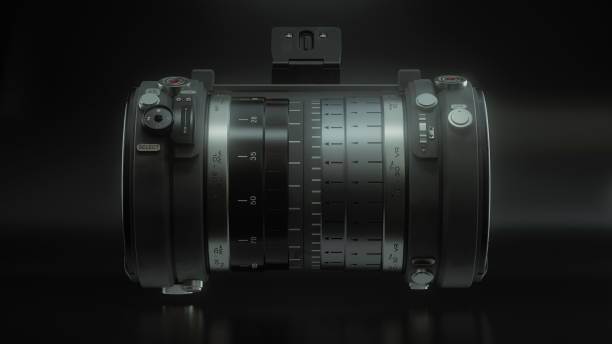 istock Concept of nonexistent DSLR camera with lens isolated on a black background. 3D rendering of professional photography of nature, animal and cities 1332994091
