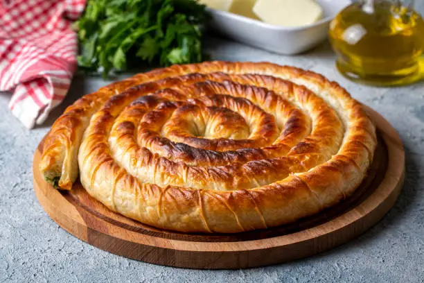 Turkish Tepsi Boregi, Round Borek, Tray pastry (Turkish name; rulo borek)