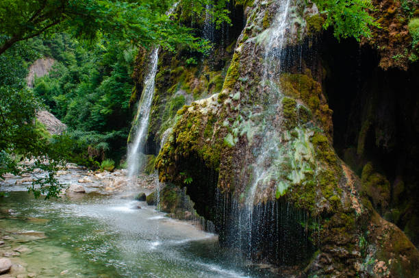 istock a waterfall with trees and rocks around. falling in to a river. 1332994953